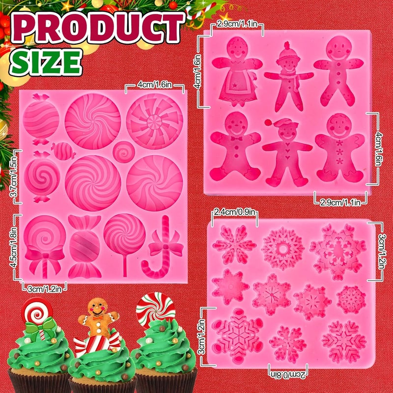 Whaline 3Pcs Christmas Candy Fondant Mold Pink Gingerbread Man Snowflake Silicone Mold Assorted Chocolate Candy Mould for Xmas Winter Party Cupcake Sugar Craft Gum Resin Clay - Image 2
